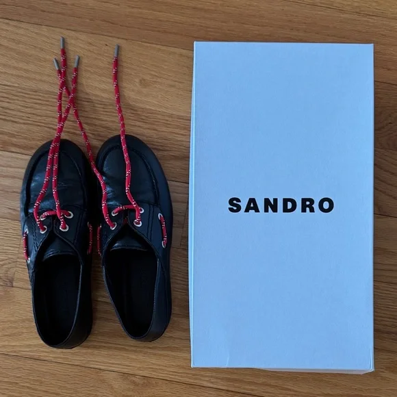 Sandro Black Boat Shoes with Red Laces